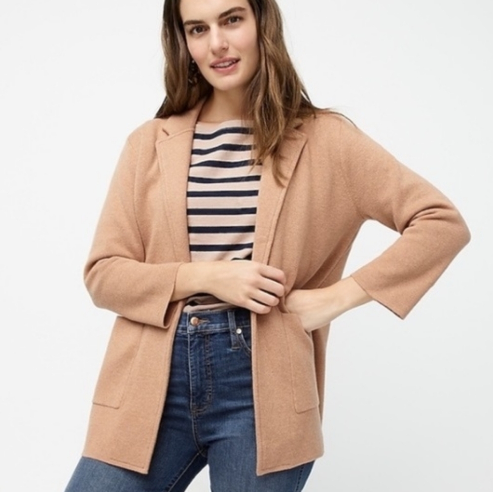 J. Crew Sophie Open Front Sweater Blazer Knit Wool Blend Pockets Tan Small S